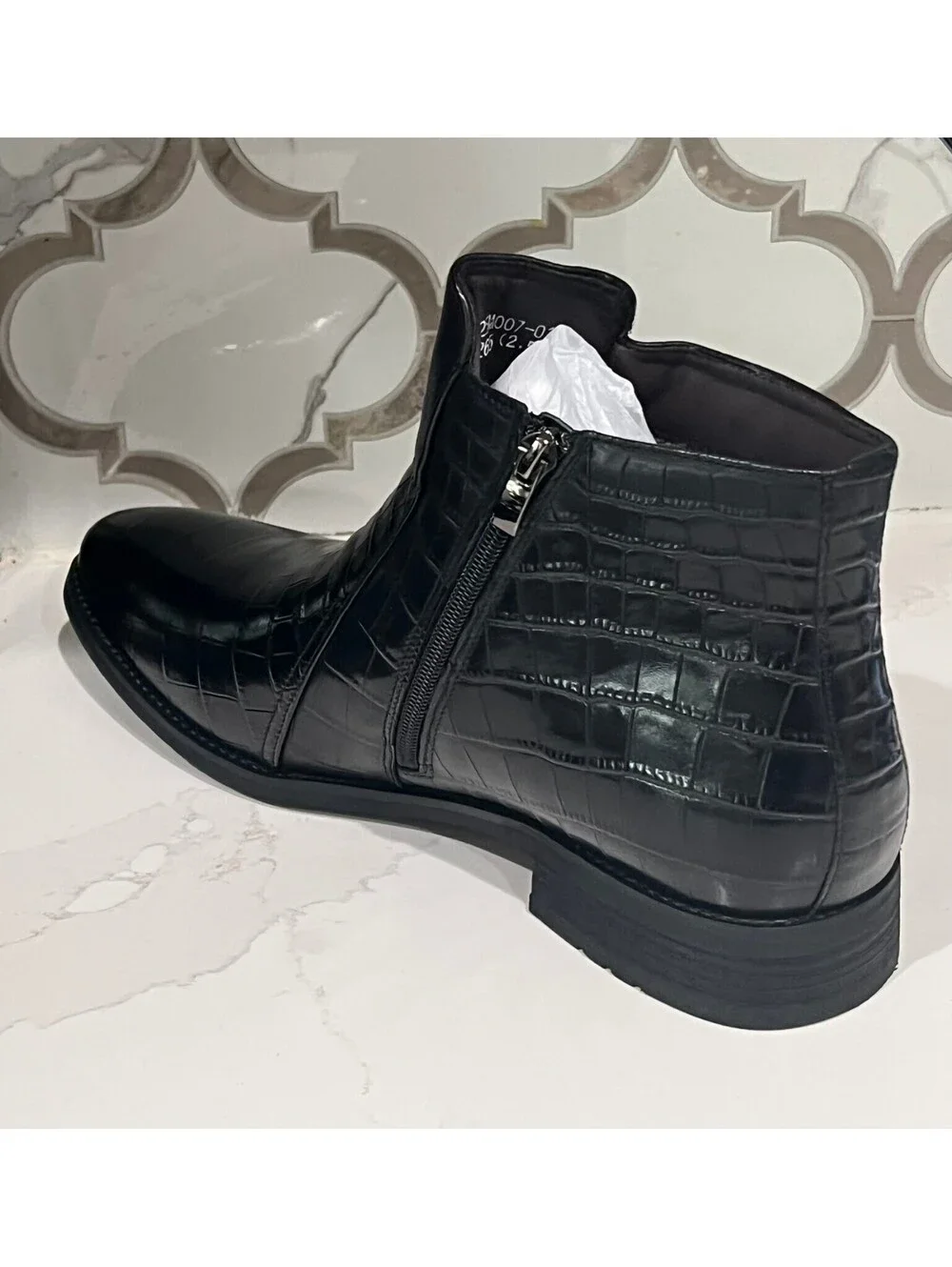 Men's Black Cowhide, Crocodile Print, Lined, Ankle Boots Zip Up, SZ 14